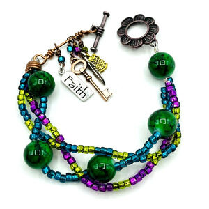 Colorful Woven Glass Seed Bead & Green Bead Key Owl Faith Dangle Charm Bracelet